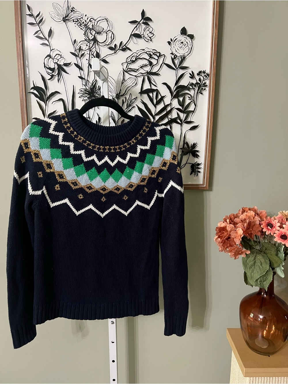 J. Crew Lurex Fair Isle Sweater Navy Gold Merino Wool Blend Size XS